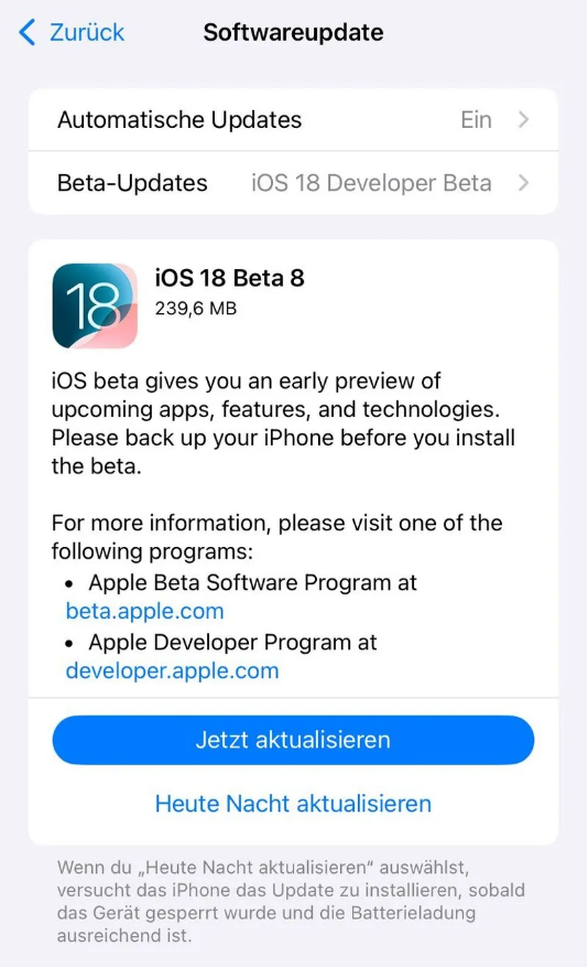 舟山苹果手机维修分享苹果 iOS / iPadOS 18 开发者预览版 Beta 8 发布 